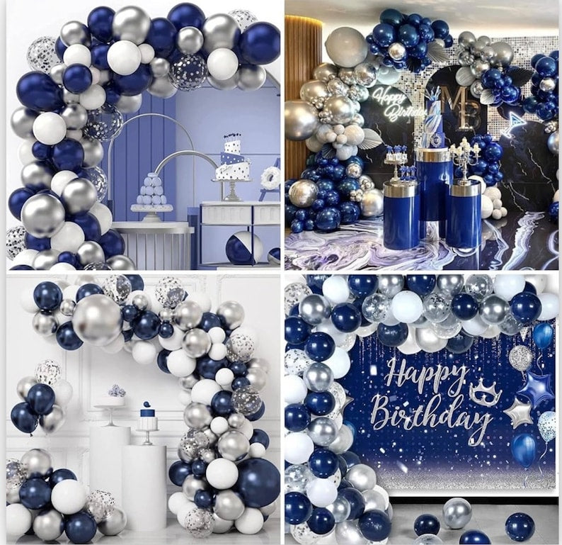 Blue Silver Balloons Garland Kit, 120pcs Navy Blue and Silver Confetti White Balloons Arch for Graduation, Birthday Party, Wedding DIY Decor