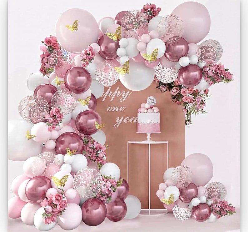 Pink Balloon Arch Kit 129pcs Dusty Pink and White Balloon Garland with  Confetti Balloons and Butterfly Stickers for Birthday,Baby Shower