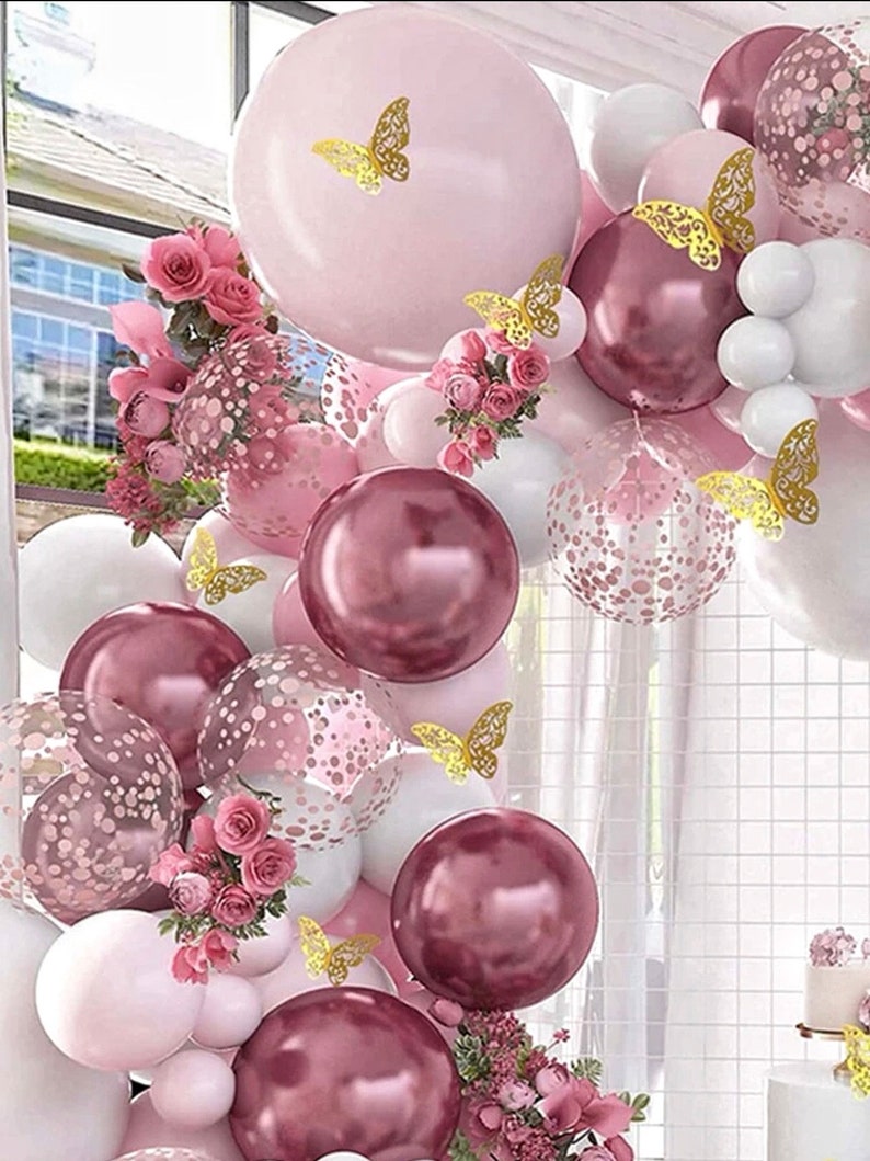 Pink Balloon Arch Kit 129pcs Dusty Pink and White Balloon Garland with  Confetti Balloons and Butterfly Stickers for Birthday,Baby Shower