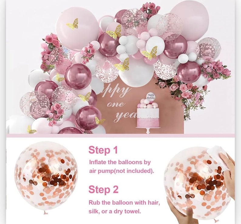Pink Balloon Arch Kit 129pcs Dusty Pink and White Balloon Garland with  Confetti Balloons and Butterfly Stickers for Birthday,Baby Shower