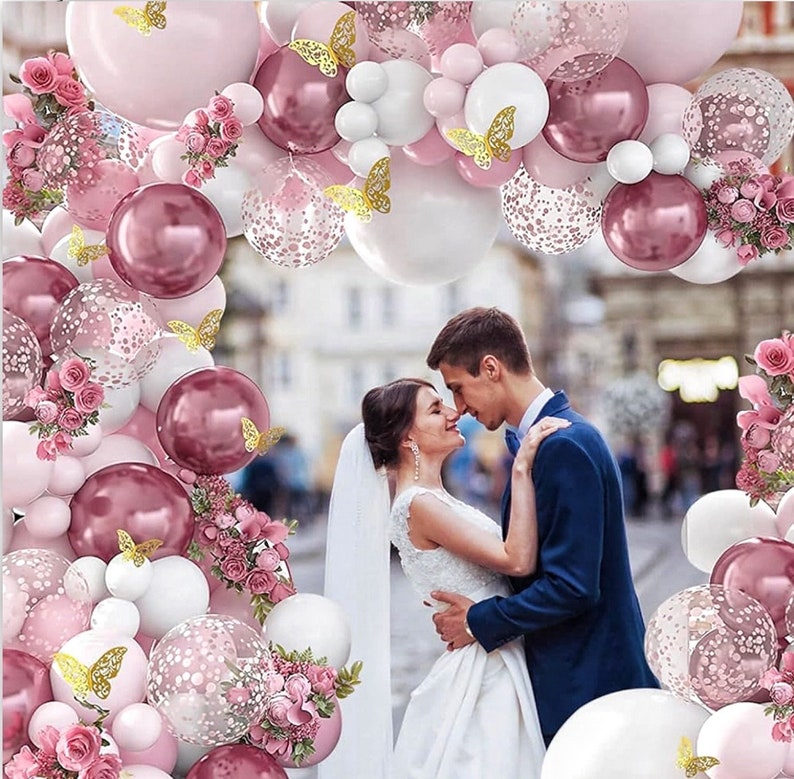 Pink Balloon Arch Kit 129pcs Dusty Pink and White Balloon Garland with  Confetti Balloons and Butterfly Stickers for Birthday,Baby Shower
