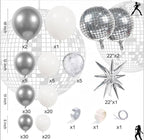 Disco Ball Party Balloon Arch Kit Chrome Metallic Silver, Matte White & Confetti Balloons for 2026 Graduatioon, Birthday,Disco Themed Events