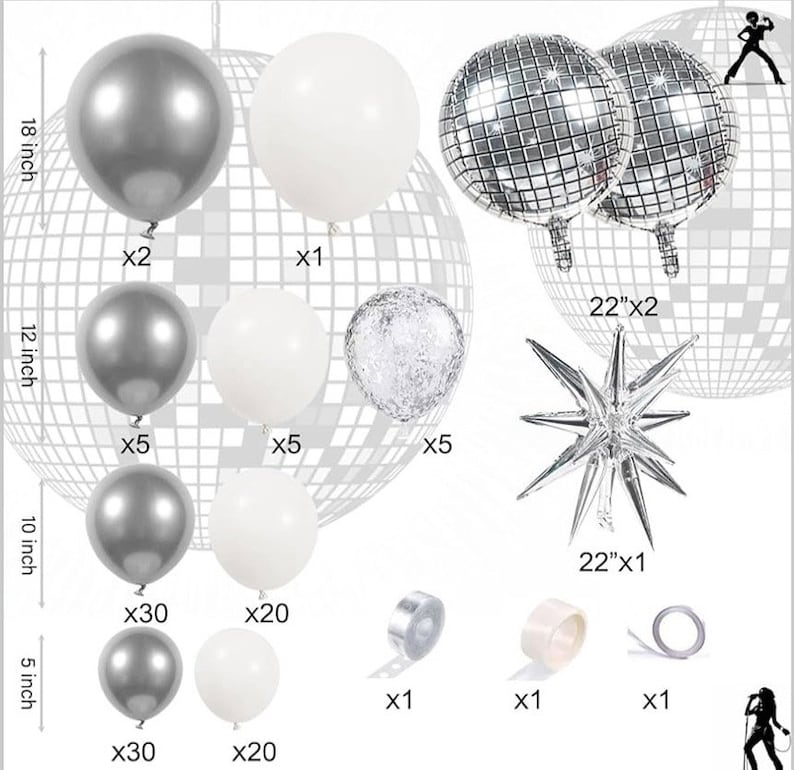 Disco Ball Party Balloon Arch Kit Chrome Metallic Silver, Matte White & Confetti Balloons for 2026 Graduatioon, Birthday,Disco Themed Events