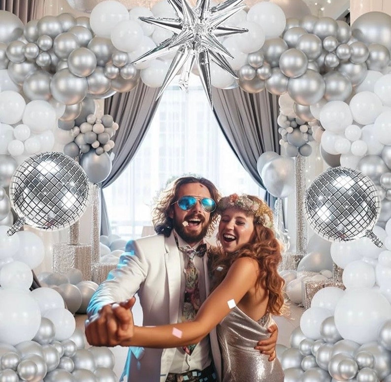 Disco Ball Party Balloon Arch Kit Chrome Metallic Silver, Matte White & Confetti Balloons for 2026 Graduatioon, Birthday,Disco Themed Events