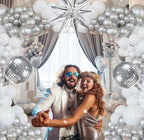 Disco Ball Party Balloon Arch Kit Chrome Metallic Silver, Matte White & Confetti Balloons for 2026 Graduatioon, Birthday,Disco Themed Events