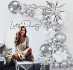 Disco Ball Party Balloon Arch Kit Chrome Metallic Silver, Matte White & Confetti Balloons for 2026 Graduatioon, Birthday,Disco Themed Events