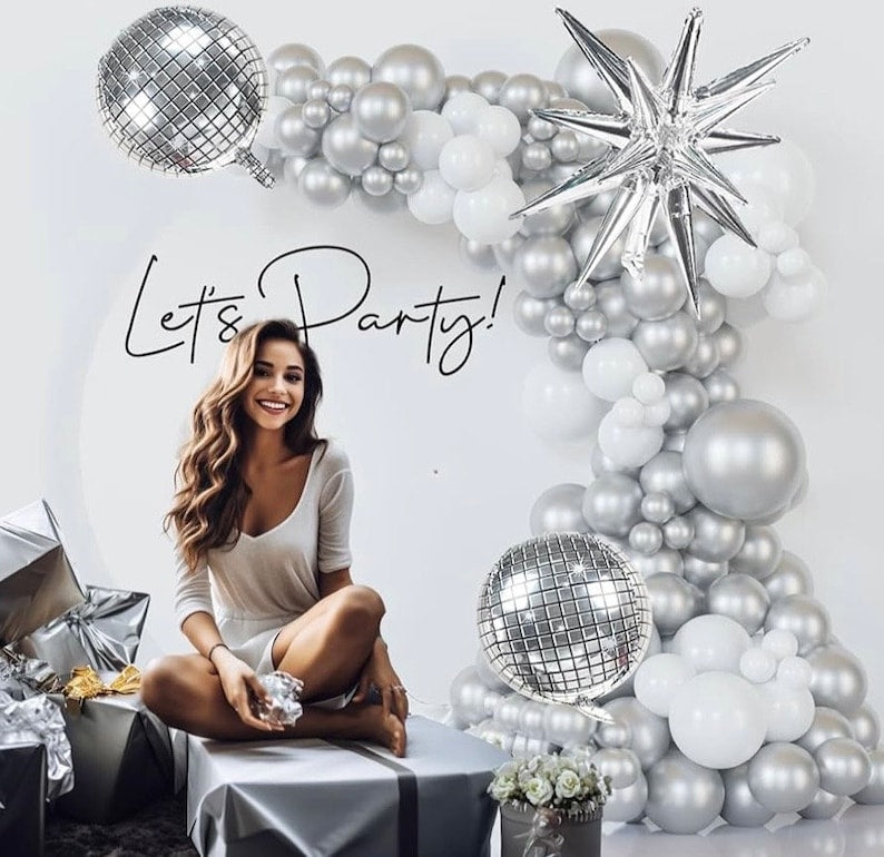 Disco Ball Party Balloon Arch Kit Chrome Metallic Silver, Matte White & Confetti Balloons for 2026 Graduatioon, Birthday,Disco Themed Events