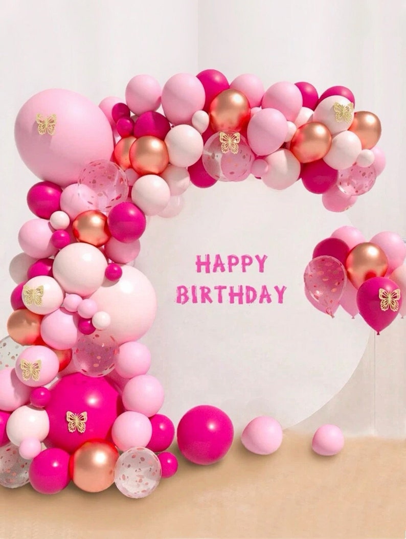 Pink Balloon Garland Arch Kit, Different Sizes 18 12 10 5 inch Hot Pink Latex Metallic Confetti Rose Gold Balloons for Birthday Baby Shower