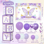 Purple Butterfly Baby Shower Decorations for Girl，Purple Balloon Garland Arch Kit，Purple Butterfly Baby Boxes and Butterfly Backdrop Kit