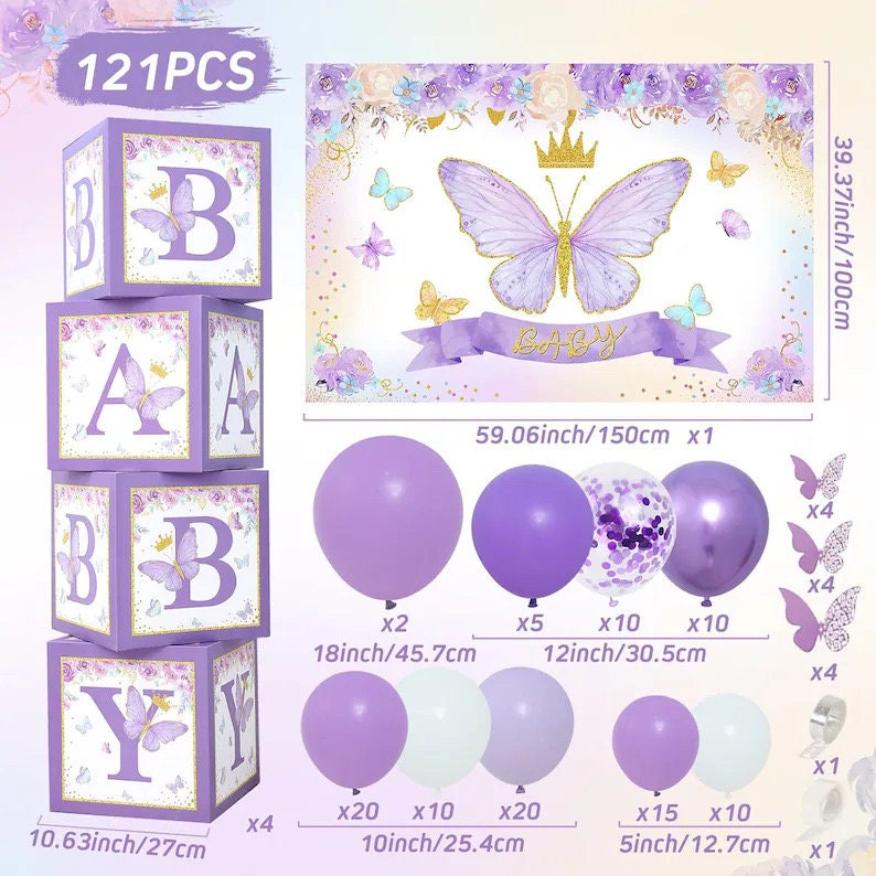 Purple Butterfly Baby Shower Decorations for Girl，Purple Balloon Garland Arch Kit，Purple Butterfly Baby Boxes and Butterfly Backdrop Kit