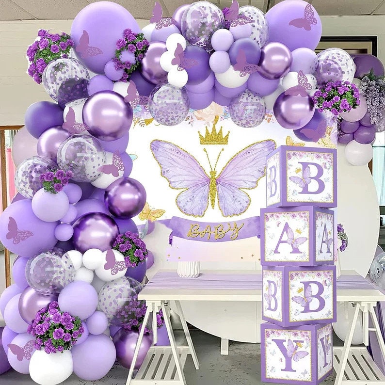 Purple Butterfly Baby Shower Decorations for Girl，Purple Balloon Garland Arch Kit，Purple Butterfly Baby Boxes and Butterfly Backdrop Kit