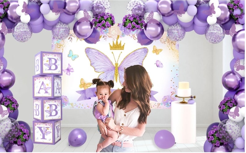 Purple Butterfly Baby Shower Decorations for Girl，Purple Balloon Garland Arch Kit，Purple Butterfly Baby Boxes and Butterfly Backdrop Kit