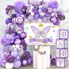 Purple Butterfly Baby Shower Decorations for Girl，Purple Balloon Garland Arch Kit，Purple Butterfly Baby Boxes and Butterfly Backdrop Kit