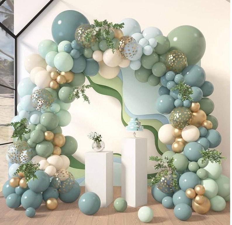 173Pcs Dusty Blue Green Balloon Garland Arch Kit, Haze Fog Blue Ash Mist Sage Green Sand White Gold Confetti Balloons for Baby Shower Weddin