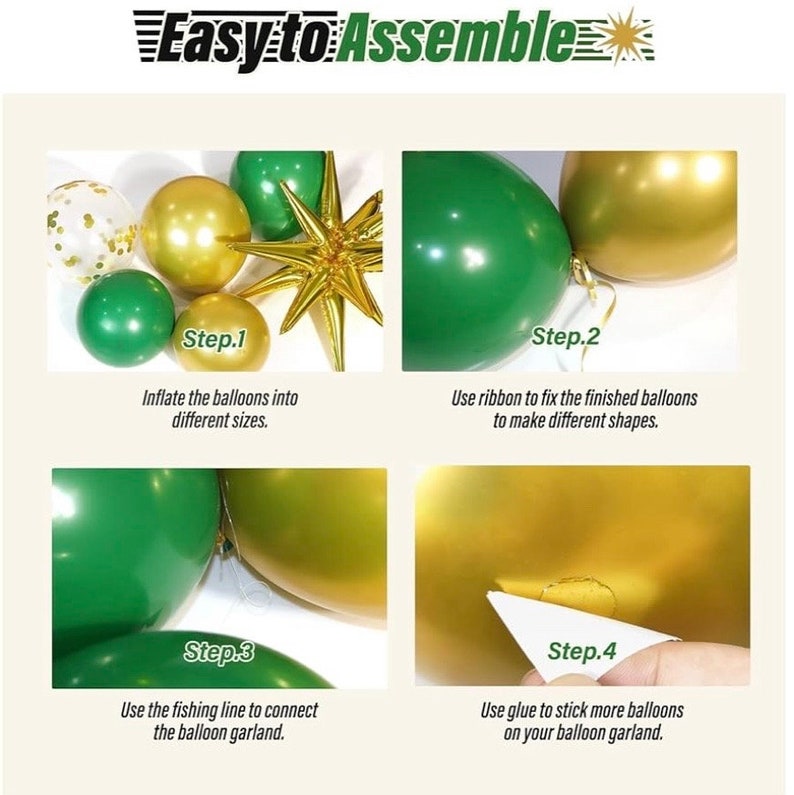 Green and Gold Balloon Garland Arch Kit with 3pcs Starburst Balloon, Emerald Forest Dark Green Balloons Metallic Gold Balloons 125 Pcs