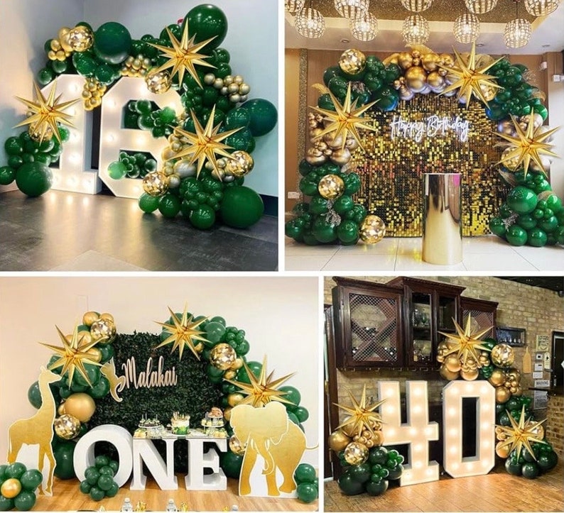 Green and Gold Balloon Garland Arch Kit with 3pcs Starburst Balloon, Emerald Forest Dark Green Balloons Metallic Gold Balloons 125 Pcs