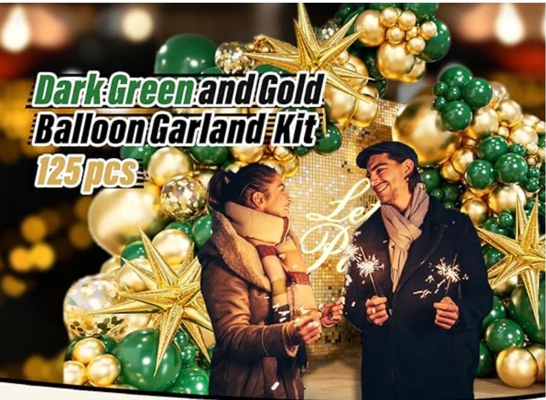 Green and Gold Balloon Garland Arch Kit with 3pcs Starburst Balloon, Emerald Forest Dark Green Balloons Metallic Gold Balloons 125 Pcs