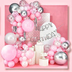 Pink and White Balloon Arch Kit  116 pcs Pink Balloon Garland Kit Happy Birthday Banners, Silver Confetti Baby Pink Balloons,Hanging Swirls