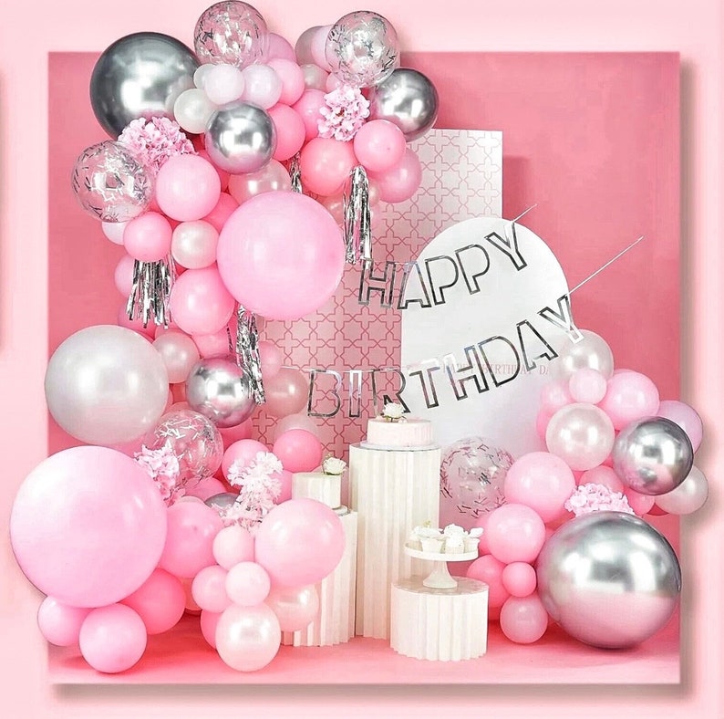 Pink and White Balloon Arch Kit  116 pcs Pink Balloon Garland Kit Happy Birthday Banners, Silver Confetti Baby Pink Balloons,Hanging Swirls
