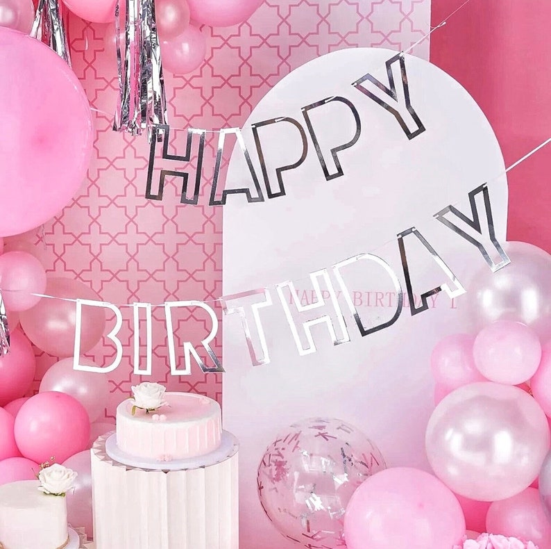 Pink and White Balloon Arch Kit  116 pcs Pink Balloon Garland Kit Happy Birthday Banners, Silver Confetti Baby Pink Balloons,Hanging Swirls