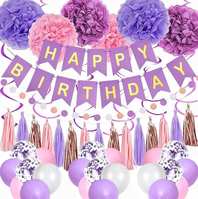 Purple Pink Party Decorations for Women Girls With Happy Birthday Banner, Hanging Swirls, Tissue Paper Pompoms, Circle Dots Garland…