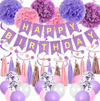 Purple Pink Party Decorations for Women Girls With Happy Birthday Banner, Hanging Swirls, Tissue Paper Pompoms, Circle Dots Garland…