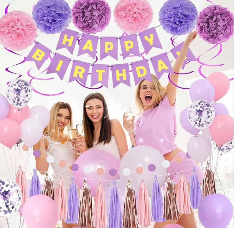 Purple Pink Party Decorations for Women Girls With Happy Birthday Banner, Hanging Swirls, Tissue Paper Pompoms, Circle Dots Garland…