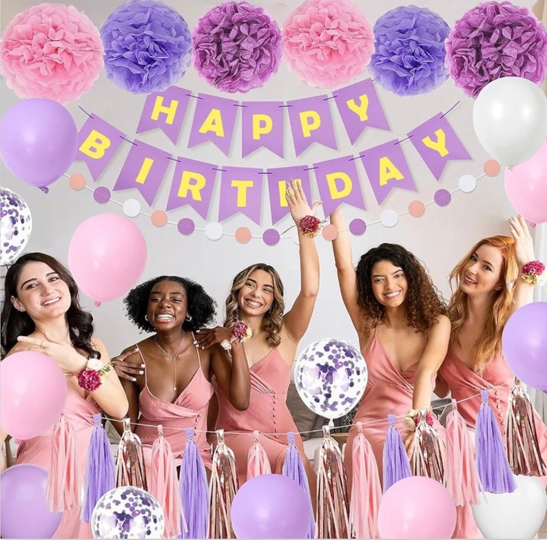 Purple Pink Party Decorations for Women Girls With Happy Birthday Banner, Hanging Swirls, Tissue Paper Pompoms, Circle Dots Garland…