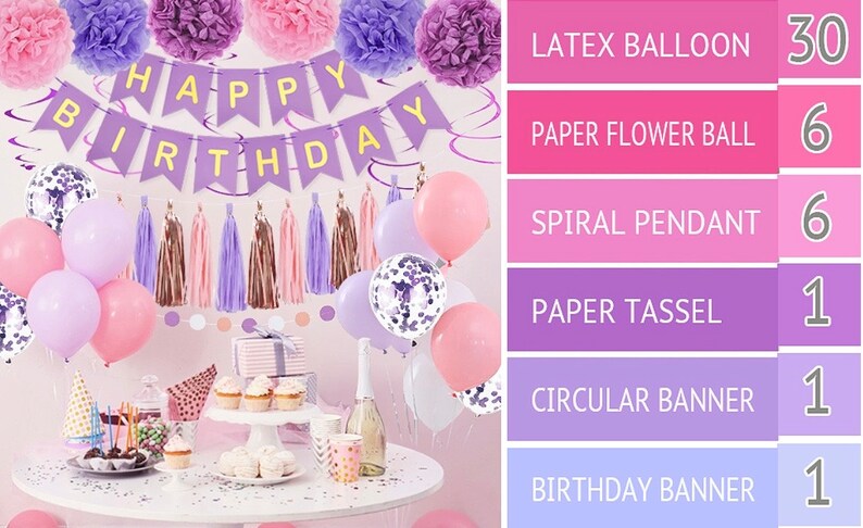 Purple Pink Party Decorations for Women Girls With Happy Birthday Banner, Hanging Swirls, Tissue Paper Pompoms, Circle Dots Garland…