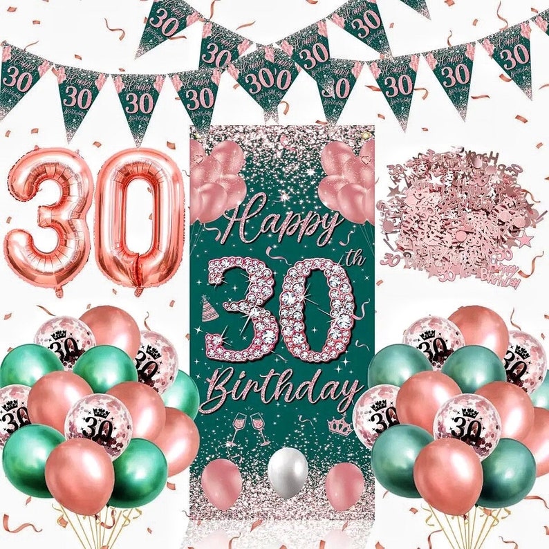 40th Birthday Party Decorations  Rose Gold Green Happy 40th Birthday Banner and  40th Birthday Balloons for 40th Party Supplies 28 Pcs