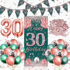 40th Birthday Party Decorations  Rose Gold Green Happy 40th Birthday Banner and  40th Birthday Balloons for 40th Party Supplies 28 Pcs
