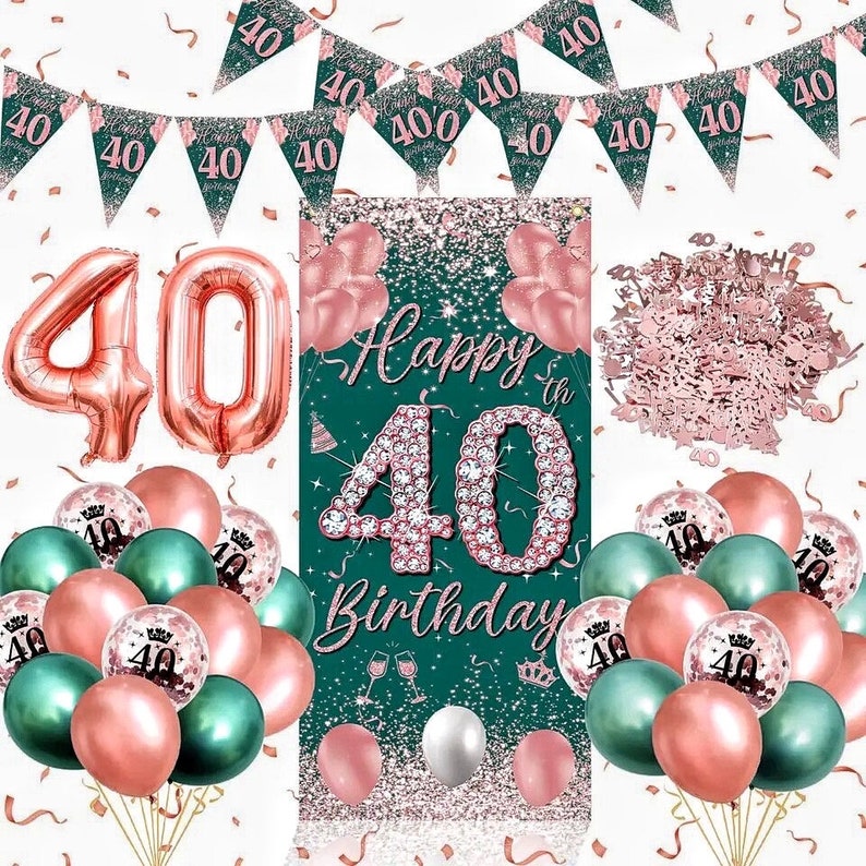 40th Birthday Party Decorations  Rose Gold Green Happy 40th Birthday Banner and  40th Birthday Balloons for 40th Party Supplies 28 Pcs