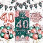 40th Birthday Party Decorations  Rose Gold Green Happy 40th Birthday Banner and  40th Birthday Balloons for 40th Party Supplies 28 Pcs