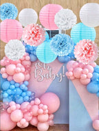 12Pcs  Blue and  Pink  Party Decorations  Pom Poms Paper Lanterns Decoration for Birthday  Baby Shower Gender Reveal Party