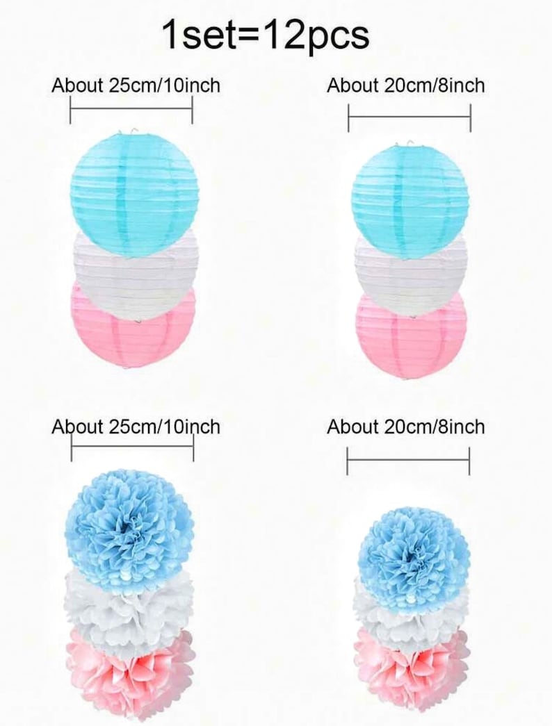 12Pcs  Blue and  Pink  Party Decorations  Pom Poms Paper Lanterns Decoration for Birthday  Baby Shower Gender Reveal Party