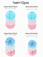 12Pcs  Blue and  Pink  Party Decorations  Pom Poms Paper Lanterns Decoration for Birthday  Baby Shower Gender Reveal Party