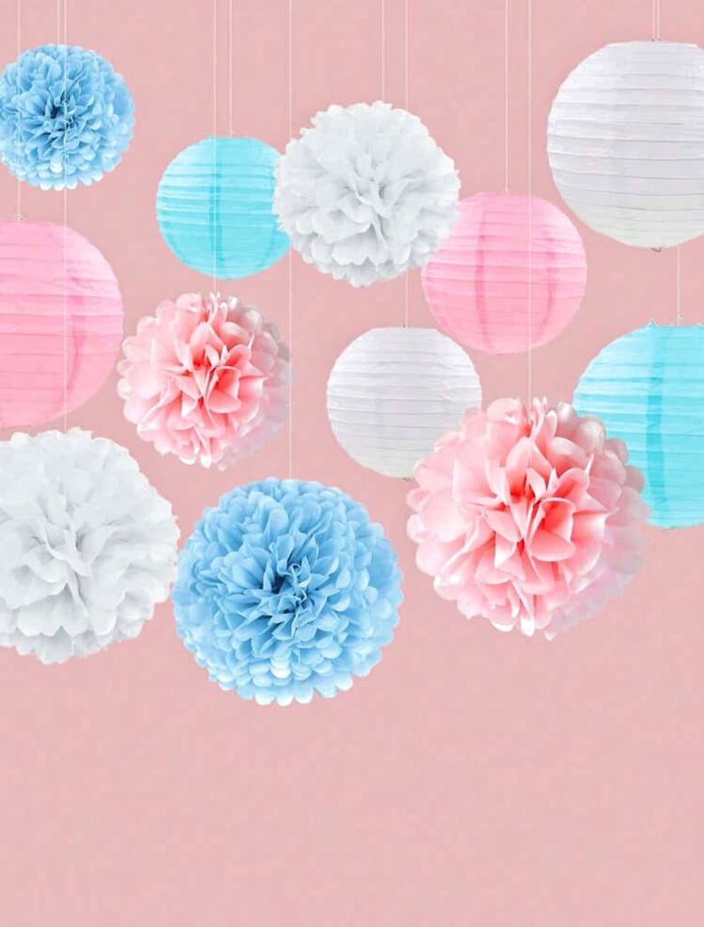 12Pcs  Blue and  Pink  Party Decorations  Pom Poms Paper Lanterns Decoration for Birthday  Baby Shower Gender Reveal Party