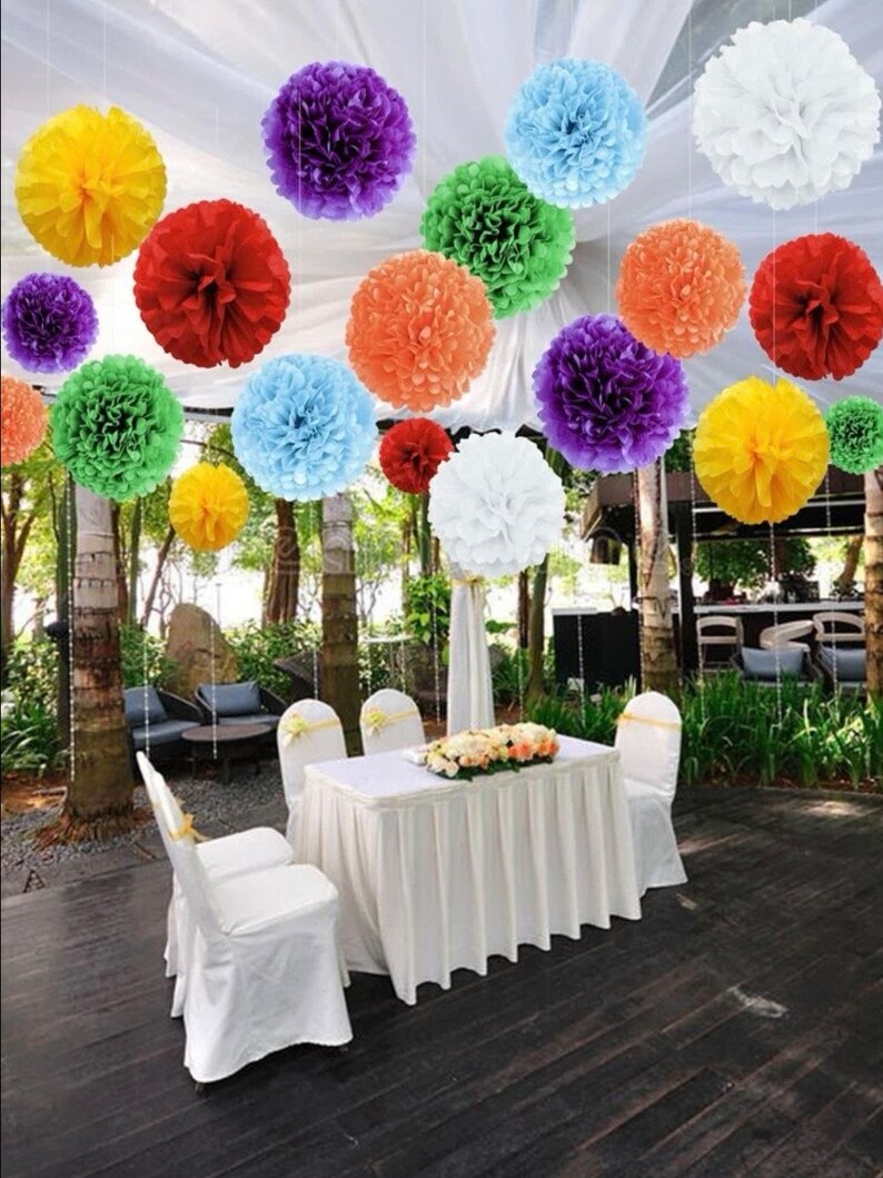 Colorful Tissue Paper Pom Poms Set of 14, Rainbow Party Decorations, Hanging Paper Flowers, Fiesta Birthday Decor, Baby Shower Ceiling Decor