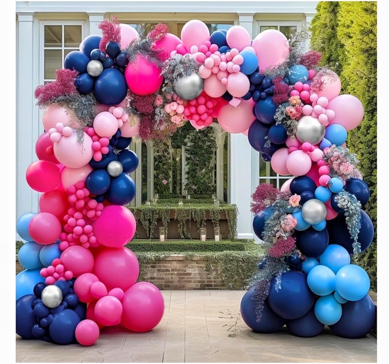 Navy Blue Pink Balloon Garland Double Stuffed Dark Blue Hot Pink Balloons Pastel Pink Blue Balloon Arch Kit Metallic Silver Balloons