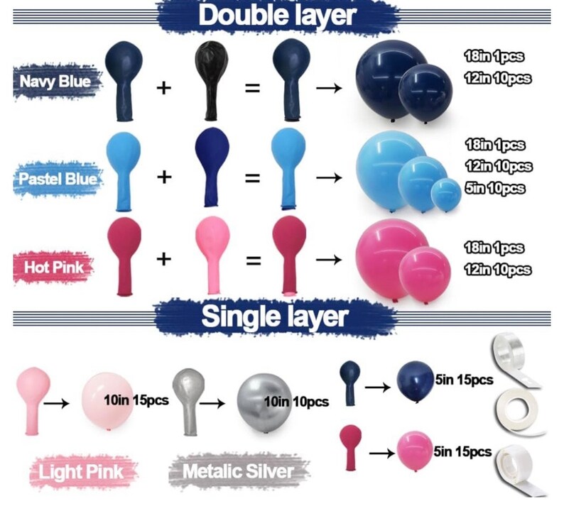 Navy Blue Pink Balloon Garland Double Stuffed Dark Blue Hot Pink Balloons Pastel Pink Blue Balloon Arch Kit Metallic Silver Balloons
