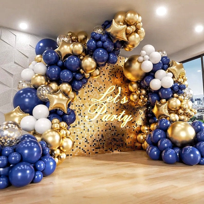 187pcs Blue and Gold Balloons Arch Garland Kit, 5 10 12 18 inch Royal Blue Gold White Balloons with Gold Star Foil Balloons