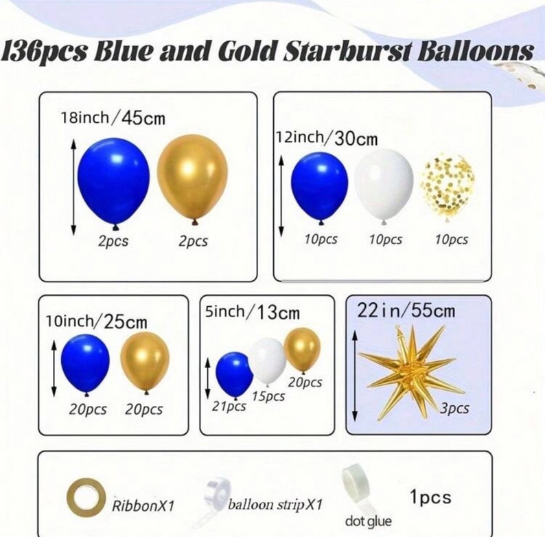 Blue and Gold Balloons Arch Garland Kit with Starburst Foil Balloons, 5 10 12 18 inch Navy Blue White and Gold Balloon ,136 Pcs