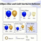 Blue and Gold Balloons Arch Garland Kit with Starburst Foil Balloons, 5 10 12 18 inch Navy Blue White and Gold Balloon ,136 Pcs
