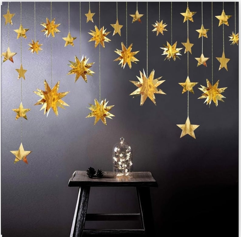 Gold Party Decorations Star Garlands Streamer Gold 3D Stars Metallic Paper Hanging Bunting Banner