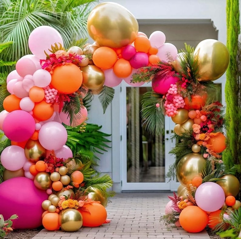 Hot Pink Orange Balloon Garland Matte Orange Pink Gold Metallic Balloons Light Pink Gold Balloon Arch Kit forTropical Luau Wildflower Party