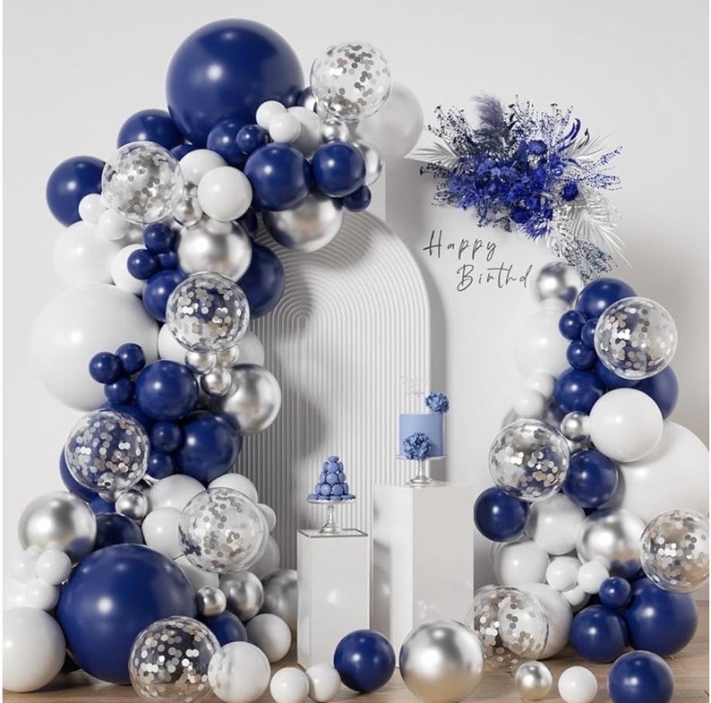 Blue Silver Balloons Garland Kit, 120pcs Navy Blue and Silver Confetti White Balloons Arch for Graduation, Birthday Party, Wedding DIY Decor