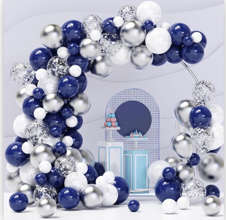 Blue Silver Balloons Garland Kit, 120pcs Navy Blue and Silver Confetti White Balloons Arch for Graduation, Birthday Party, Wedding DIY Decor