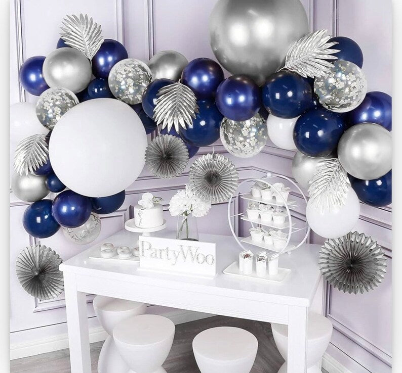 Blue Silver Balloons Garland Kit, 120pcs Navy Blue and Silver Confetti White Balloons Arch for Graduation, Birthday Party, Wedding DIY Decor