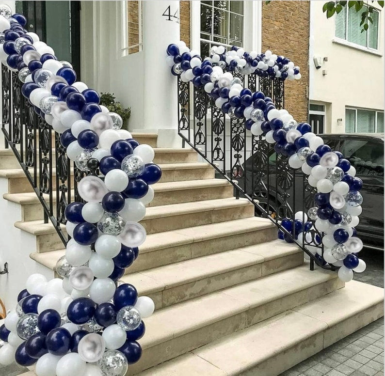 Blue Silver Balloons Garland Kit, 120pcs Navy Blue and Silver Confetti White Balloons Arch for Graduation, Birthday Party, Wedding DIY Decor