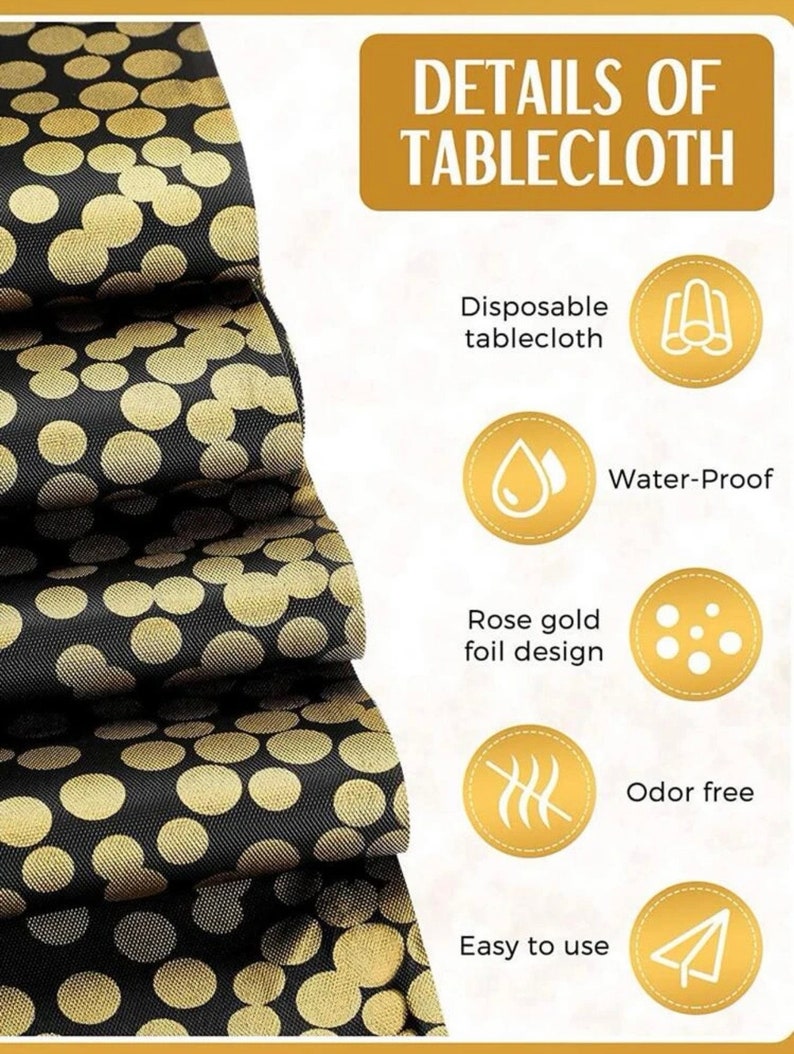 Black and Gold Tablecloths and Satin Table Runner Set, Table Cover Dining Plastic Table Cloths